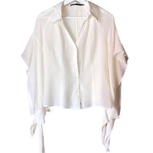 172 GRAMS Split Sleeve Cream Blouse Button Front Size Small Feminine Tie…